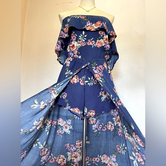 Navy Floral Romper/ Dress, 100% Rayon, Size Large - Picture 5 of 12